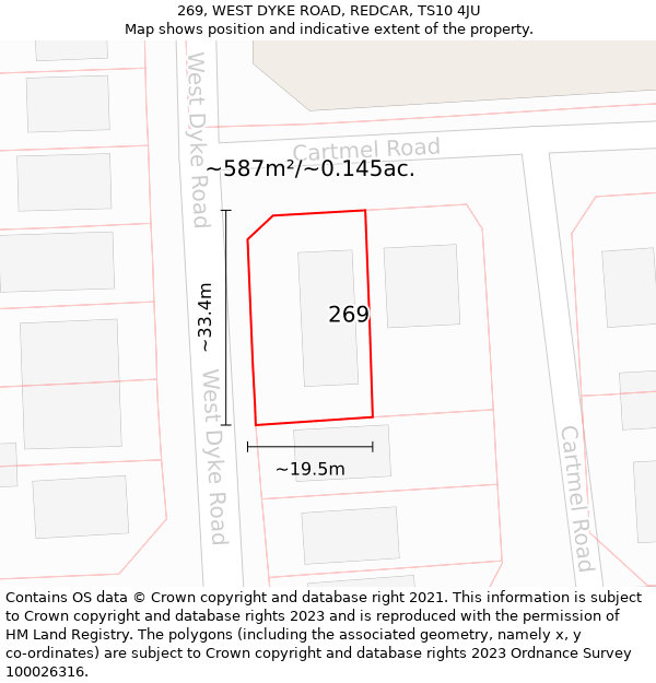 269, WEST DYKE ROAD, REDCAR, TS10 4JU: Plot and title map