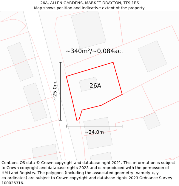 26A, ALLEN GARDENS, MARKET DRAYTON, TF9 1BS: Plot and title map