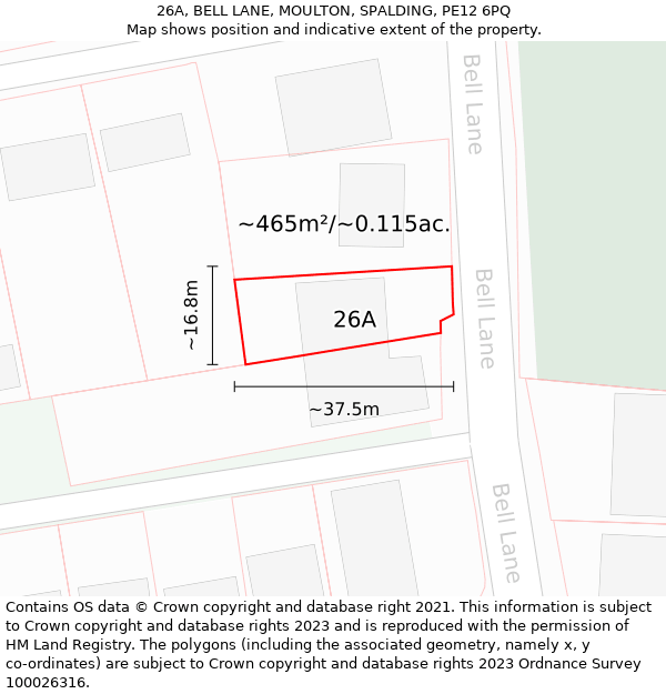 26A, BELL LANE, MOULTON, SPALDING, PE12 6PQ: Plot and title map