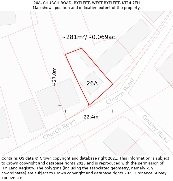 26A, CHURCH ROAD, BYFLEET, WEST BYFLEET, KT14 7EH: Plot and title map