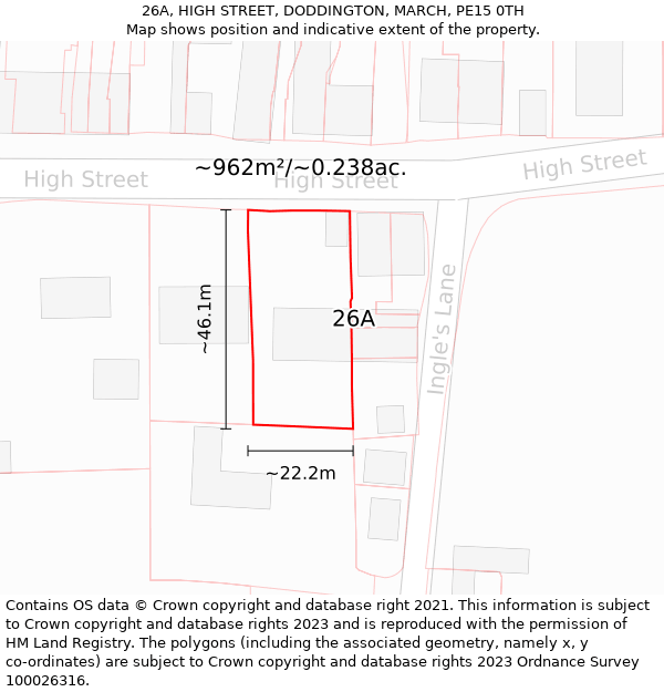 26A, HIGH STREET, DODDINGTON, MARCH, PE15 0TH: Plot and title map