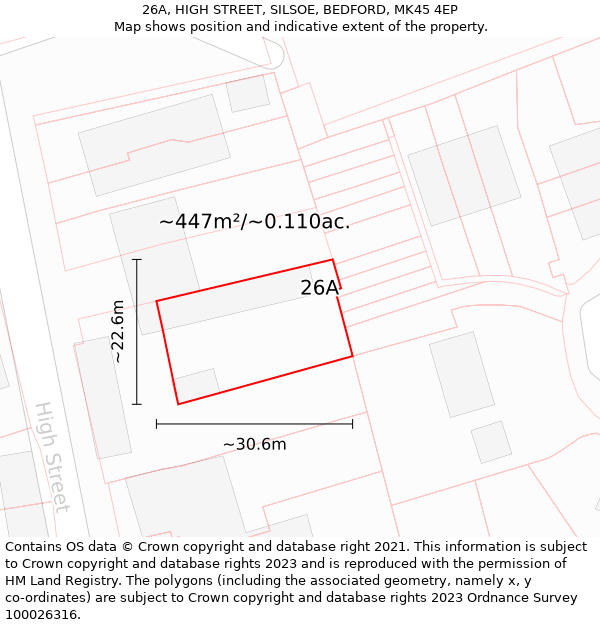 26A, HIGH STREET, SILSOE, BEDFORD, MK45 4EP: Plot and title map