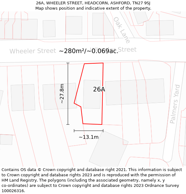 26A, WHEELER STREET, HEADCORN, ASHFORD, TN27 9SJ: Plot and title map