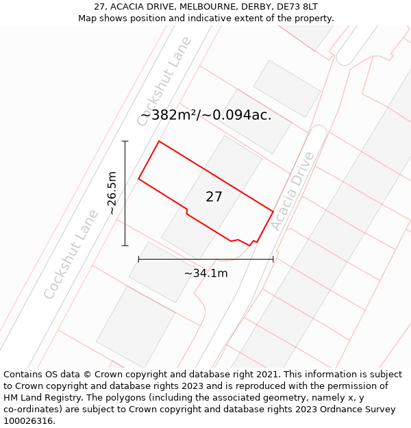 27, ACACIA DRIVE, MELBOURNE, DERBY, DE73 8LT: Plot and title map