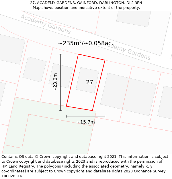 27, ACADEMY GARDENS, GAINFORD, DARLINGTON, DL2 3EN: Plot and title map