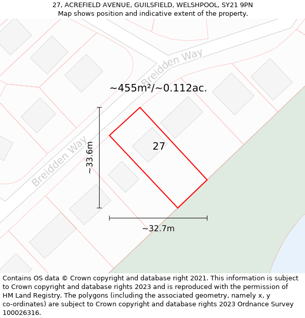 27, ACREFIELD AVENUE, GUILSFIELD, WELSHPOOL, SY21 9PN: Plot and title map