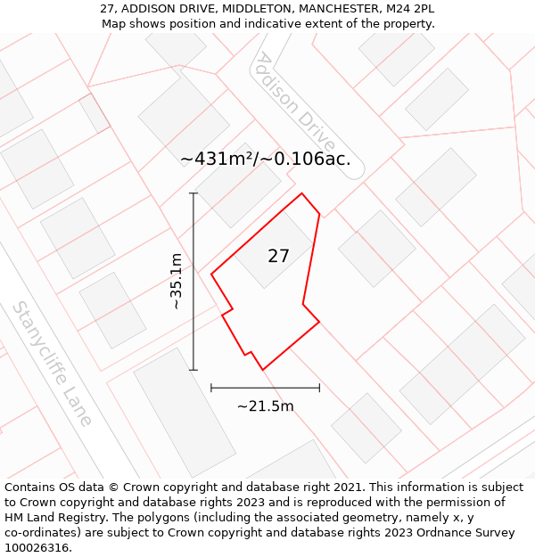 27, ADDISON DRIVE, MIDDLETON, MANCHESTER, M24 2PL: Plot and title map