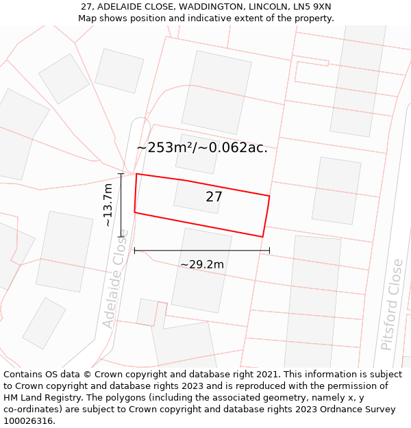 27, ADELAIDE CLOSE, WADDINGTON, LINCOLN, LN5 9XN: Plot and title map