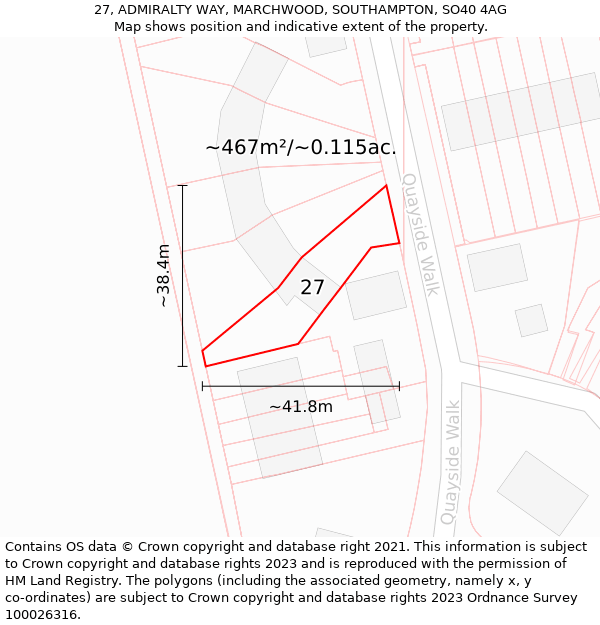 27, ADMIRALTY WAY, MARCHWOOD, SOUTHAMPTON, SO40 4AG: Plot and title map