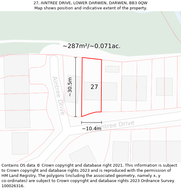 27, AINTREE DRIVE, LOWER DARWEN, DARWEN, BB3 0QW: Plot and title map