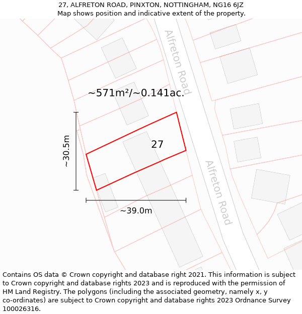 27, ALFRETON ROAD, PINXTON, NOTTINGHAM, NG16 6JZ: Plot and title map