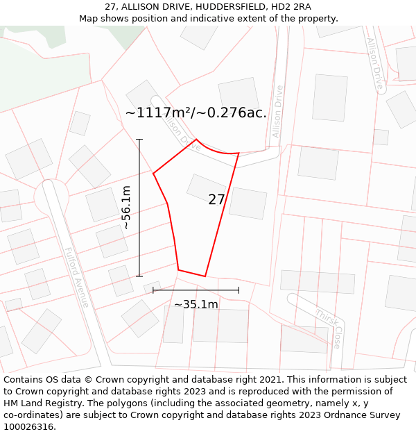 27, ALLISON DRIVE, HUDDERSFIELD, HD2 2RA: Plot and title map