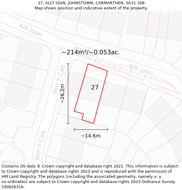 27, ALLT IOAN, JOHNSTOWN, CARMARTHEN, SA31 3SB: Plot and title map