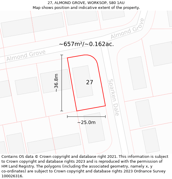 27, ALMOND GROVE, WORKSOP, S80 1AU: Plot and title map