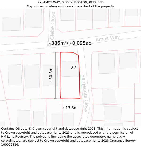 27, AMOS WAY, SIBSEY, BOSTON, PE22 0SD: Plot and title map