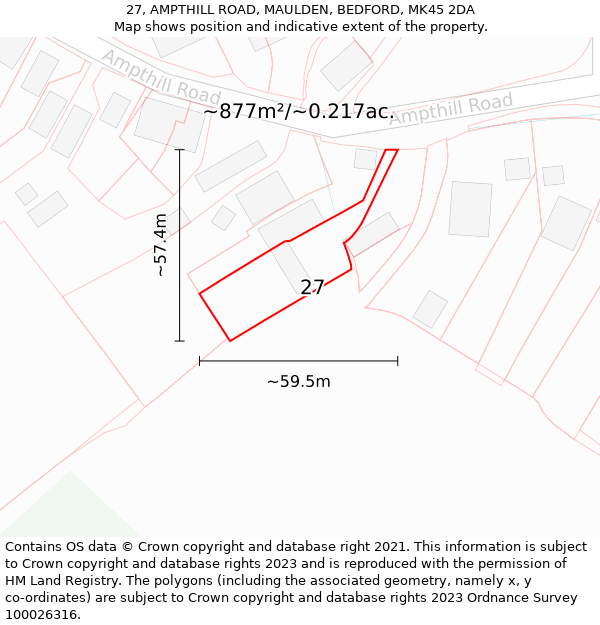 27, AMPTHILL ROAD, MAULDEN, BEDFORD, MK45 2DA: Plot and title map