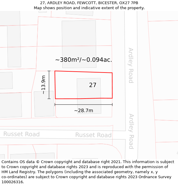 27, ARDLEY ROAD, FEWCOTT, BICESTER, OX27 7PB: Plot and title map