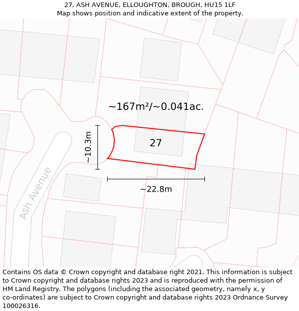 27, ASH AVENUE, ELLOUGHTON, BROUGH, HU15 1LF: Plot and title map