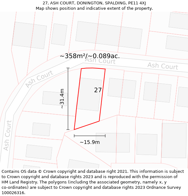 27, ASH COURT, DONINGTON, SPALDING, PE11 4XJ: Plot and title map