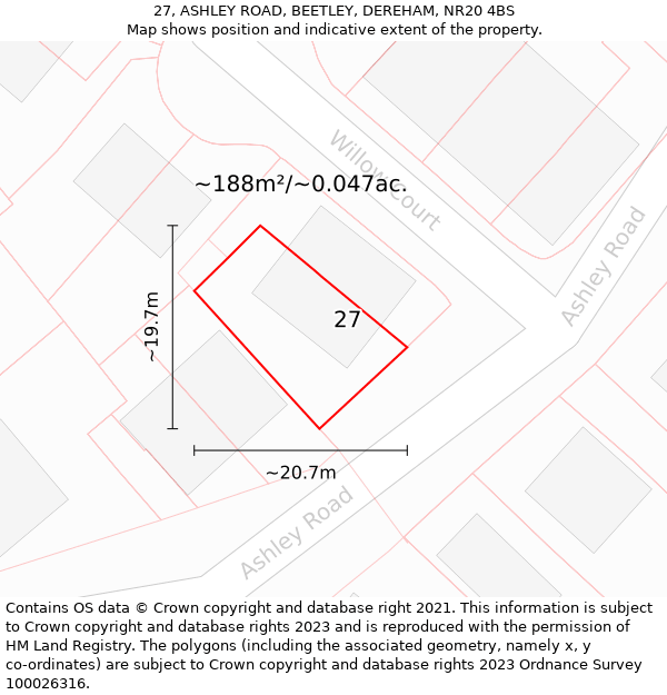 27, ASHLEY ROAD, BEETLEY, DEREHAM, NR20 4BS: Plot and title map