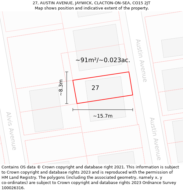 27, AUSTIN AVENUE, JAYWICK, CLACTON-ON-SEA, CO15 2JT: Plot and title map