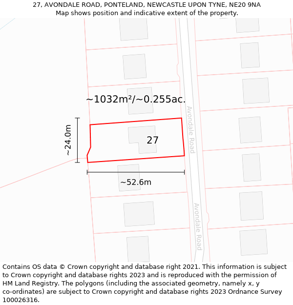 27, AVONDALE ROAD, PONTELAND, NEWCASTLE UPON TYNE, NE20 9NA: Plot and title map