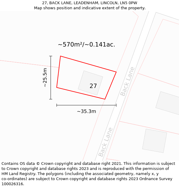 27, BACK LANE, LEADENHAM, LINCOLN, LN5 0PW: Plot and title map