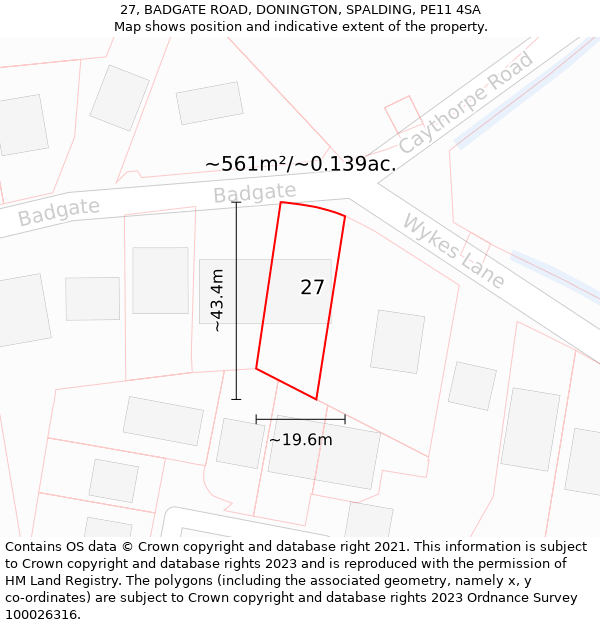 27, BADGATE ROAD, DONINGTON, SPALDING, PE11 4SA: Plot and title map