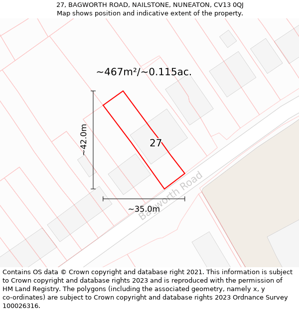 27, BAGWORTH ROAD, NAILSTONE, NUNEATON, CV13 0QJ: Plot and title map