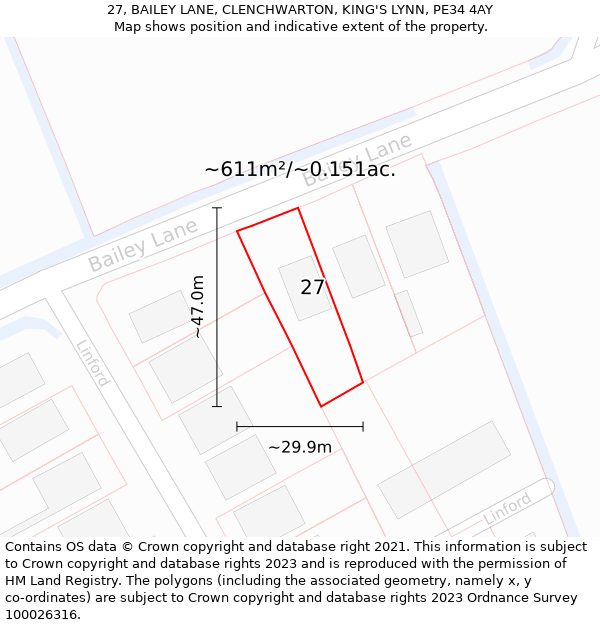 27, BAILEY LANE, CLENCHWARTON, KING'S LYNN, PE34 4AY: Plot and title map