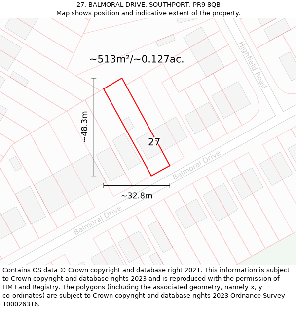 27, BALMORAL DRIVE, SOUTHPORT, PR9 8QB: Plot and title map