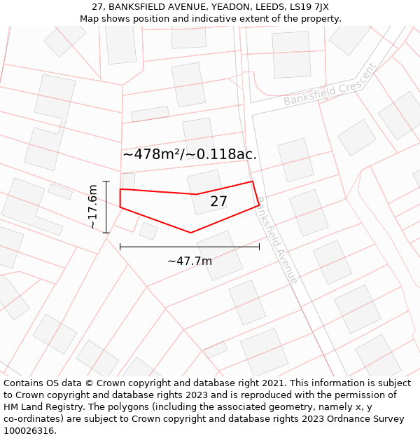 27, BANKSFIELD AVENUE, YEADON, LEEDS, LS19 7JX: Plot and title map