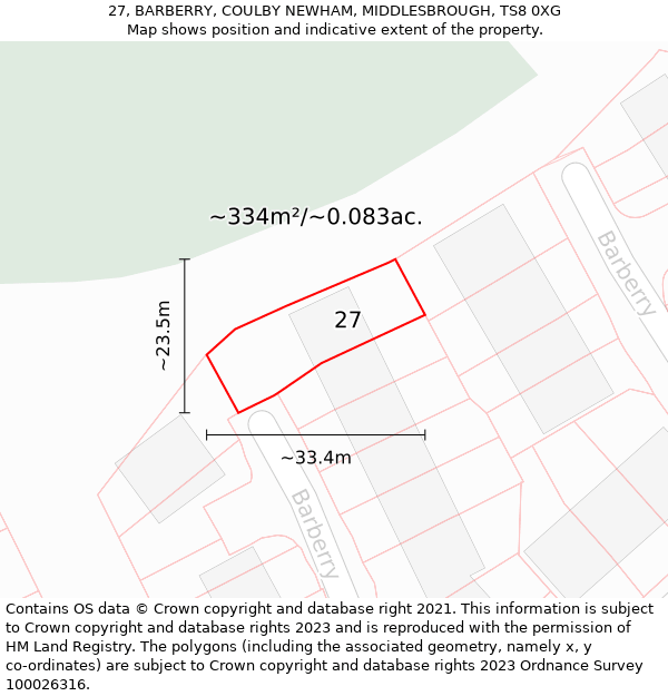 27, BARBERRY, COULBY NEWHAM, MIDDLESBROUGH, TS8 0XG: Plot and title map