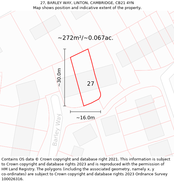 27, BARLEY WAY, LINTON, CAMBRIDGE, CB21 4YN: Plot and title map