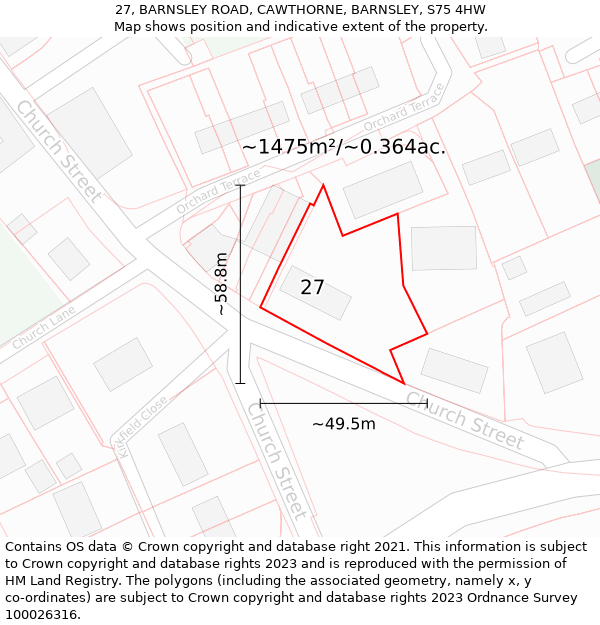 27, BARNSLEY ROAD, CAWTHORNE, BARNSLEY, S75 4HW: Plot and title map