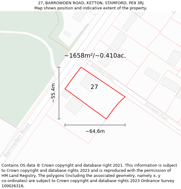 27, BARROWDEN ROAD, KETTON, STAMFORD, PE9 3RJ: Plot and title map