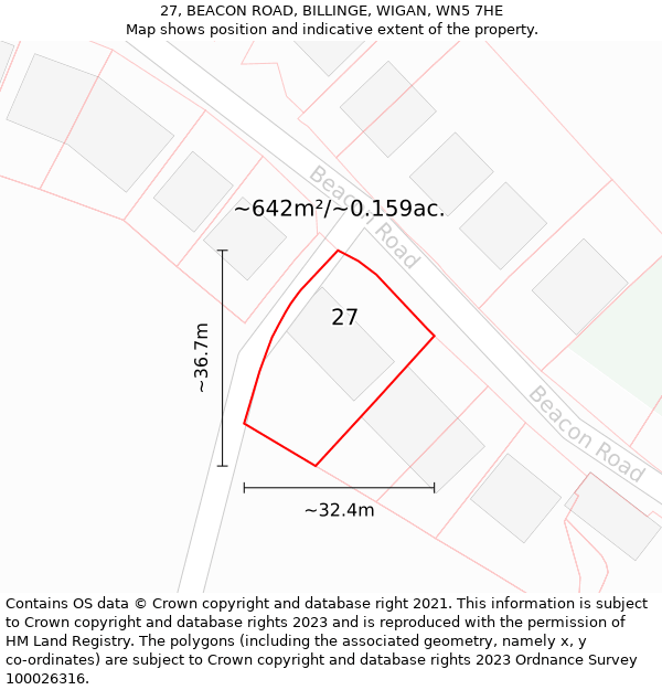 27, BEACON ROAD, BILLINGE, WIGAN, WN5 7HE: Plot and title map