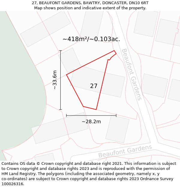 27, BEAUFONT GARDENS, BAWTRY, DONCASTER, DN10 6RT: Plot and title map