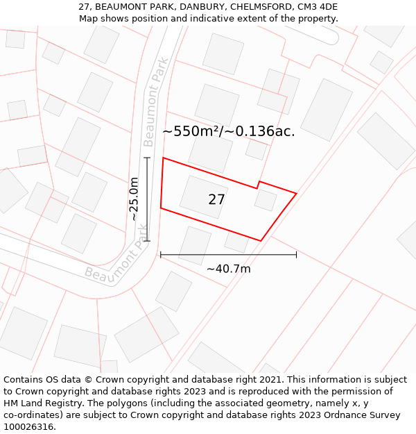 27, BEAUMONT PARK, DANBURY, CHELMSFORD, CM3 4DE: Plot and title map