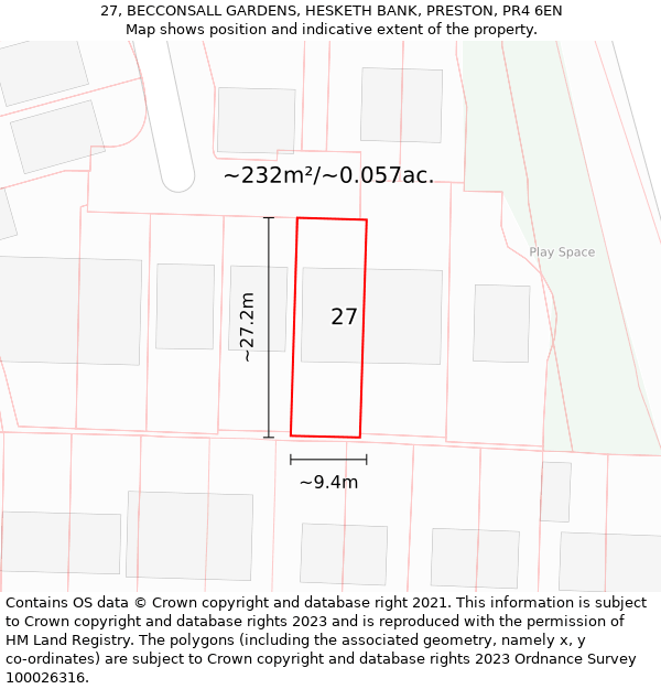 27, BECCONSALL GARDENS, HESKETH BANK, PRESTON, PR4 6EN: Plot and title map