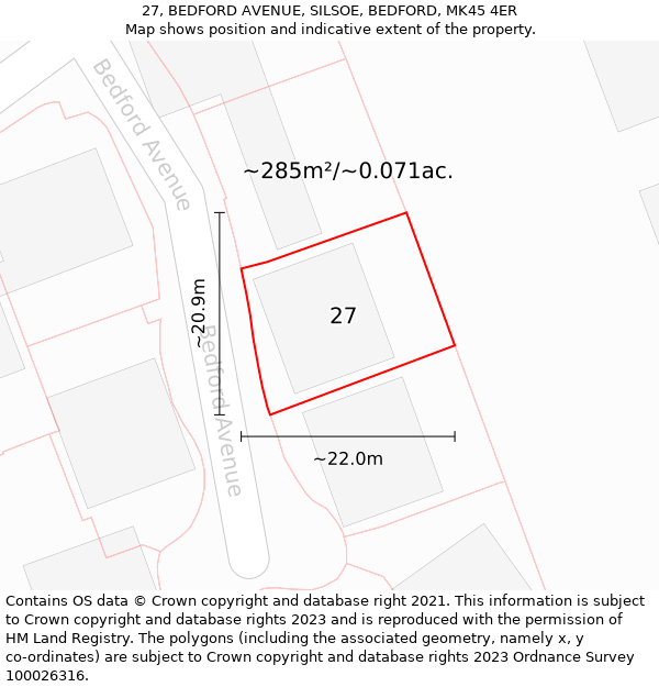 27, BEDFORD AVENUE, SILSOE, BEDFORD, MK45 4ER: Plot and title map