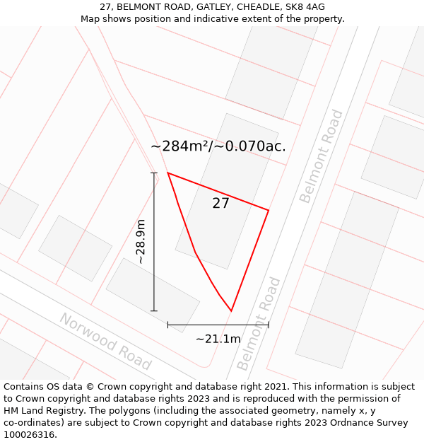 27, BELMONT ROAD, GATLEY, CHEADLE, SK8 4AG: Plot and title map