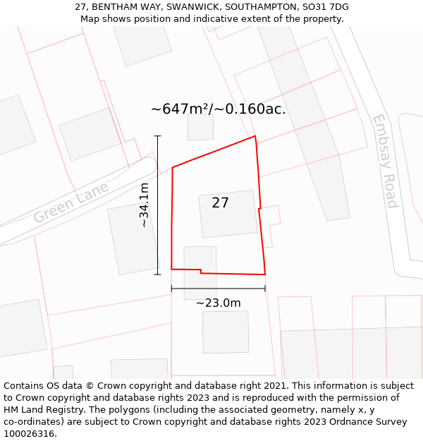 27, BENTHAM WAY, SWANWICK, SOUTHAMPTON, SO31 7DG: Plot and title map