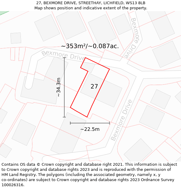 27, BEXMORE DRIVE, STREETHAY, LICHFIELD, WS13 8LB: Plot and title map