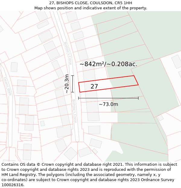 27, BISHOPS CLOSE, COULSDON, CR5 1HH: Plot and title map