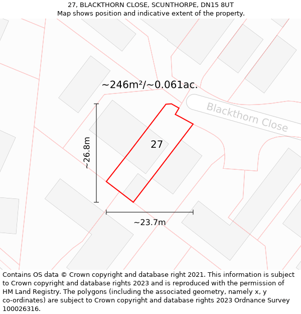 27, BLACKTHORN CLOSE, SCUNTHORPE, DN15 8UT: Plot and title map