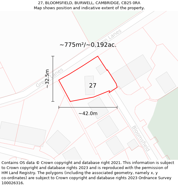 27, BLOOMSFIELD, BURWELL, CAMBRIDGE, CB25 0RA: Plot and title map