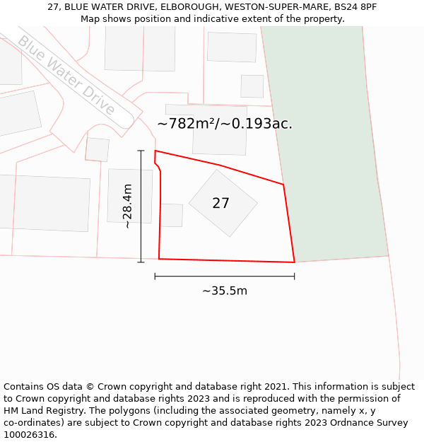 27, BLUE WATER DRIVE, ELBOROUGH, WESTON-SUPER-MARE, BS24 8PF: Plot and title map