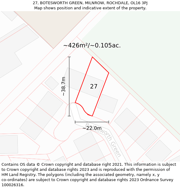 27, BOTESWORTH GREEN, MILNROW, ROCHDALE, OL16 3PJ: Plot and title map