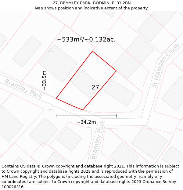 27, BRAMLEY PARK, BODMIN, PL31 2BN: Plot and title map